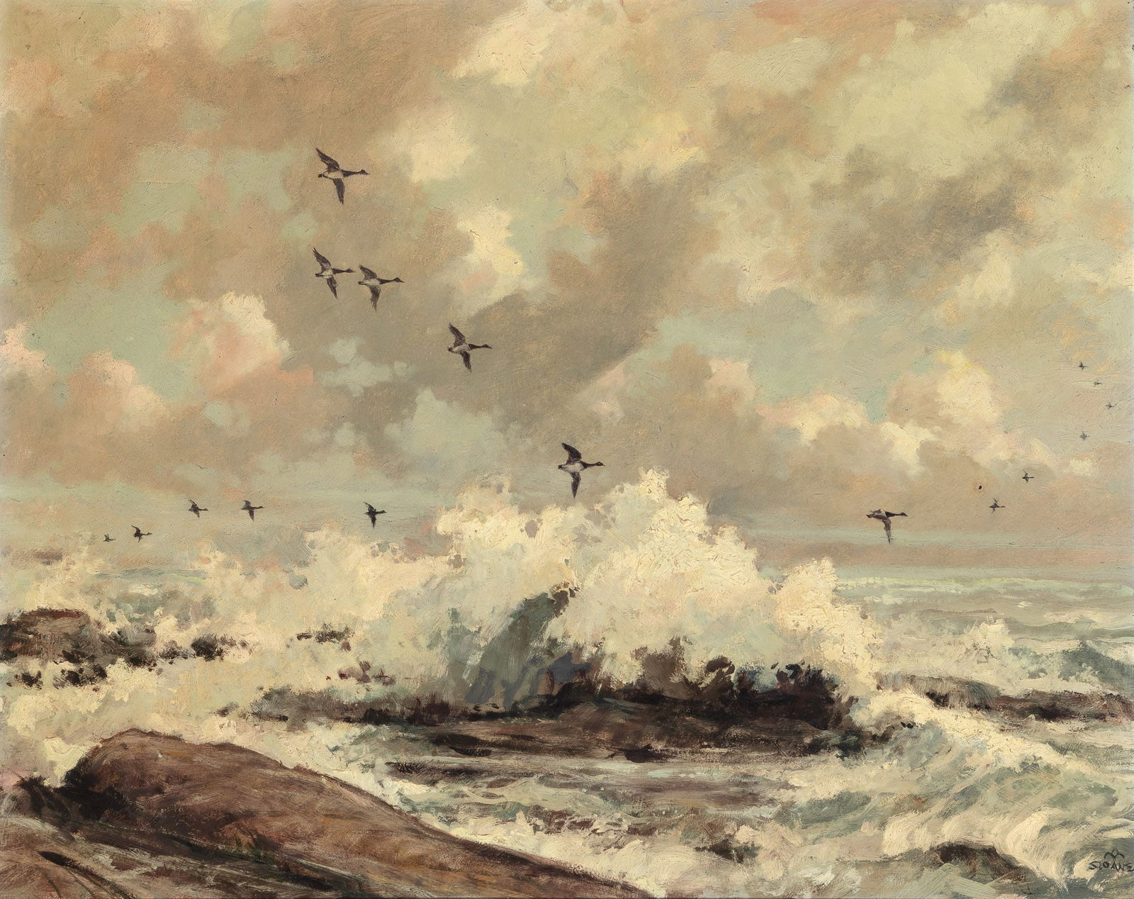 Eric Sloane: American, 1905-1985Crashing SurfSigned Sloane and with the artist's device (lr)Oil on Masonite24 x 30 inches (Framed 28 1/4 x 34 1/4 inches) Surfac