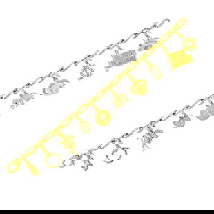 Cartier Gold and Diamond Charm Bracelet: 18 kt., ten charms including 'Love' band ring, 'Trinity' band ring, flamingo, puffed heart, cross, elephant, spinning 'I love you', double CC, E 52st street address and mother-of-pearl openwork disc,
