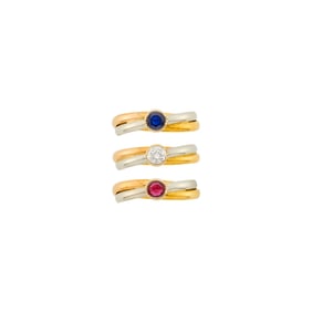 Cartier Three Tricolor Gold, Ruby, Sapphire and Diamond 'Trinity' Band Rings, France