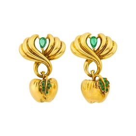Cartier Pair of Gold and Emerald Apple Pendant-Earrings