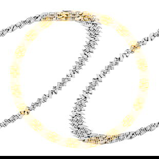 Rolex Two-Color Gold and Diamond Necklace: 18 kt. yellow and white gold, 240 round diamonds ap. 4.80 cts., signed Rolex, RolexSA, ap. 77.4 dwts. Length 16 inches. Diamonds: G-H-VS.White gold is steel-gray color.Width 3/8 inch.