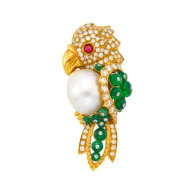 Gold, Semi-Baroque South Sea Cultured Pearl, Diamond, Emerald Bead and Cabochon Ruby Parrot