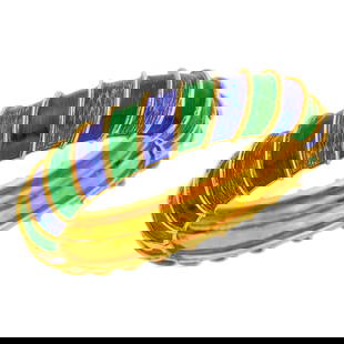 Tiffany & Co. Gold and Blue and Green Enamel Bombé Bangle Bracelet: 18 kt., alternating patterned blue and green enamel bands, signed Tiffany, ap. 59 dwts. Inner circle 6 7/8 inches. Enamel nicely applied.Width 11/16 inch.