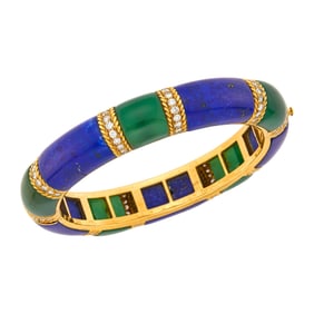 Van Cleef & Arpels Gold, Lapis, Green Onyx and Diamond Bangle Bracelet, France