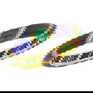 Van Cleef & Arpels Gold, Lapis, Green Onyx and Diamond Bangle Bracelet, France: 18 kt., 90 round diamonds ap. 3.10 cts., signed Van Cleef & Arpels, Made in France, '68, no. XV46196, with maker's marks, ap. 41.8 dwts. gross. Inner circle 6 5/8 inches. Hardstones: good