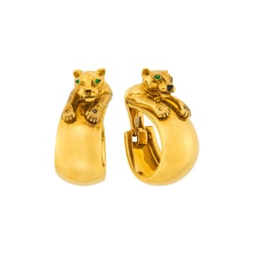 Cartier Pair of Gold, Emerald and Black Onyx 'Nakoura' Panther Hoop Earclips, France