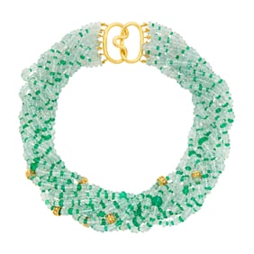 Verdura Multistrand Aquamarine and Emerald Bead, Gold and Diamond Torsade Necklace