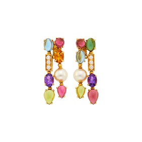 Bulgari Pair of Gold, Gem-Set, Cultured Pearl and Diamond 'Allegra' Pendant-Earrings