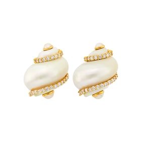 Seaman Schepps Pair of Gold, Shell, Diamond and Split Pearl 'Turbo Shell' Earclips