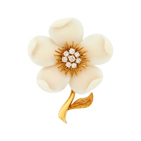 Van Cleef & Arpels Gold, White Coral and Diamond Flower Clip-Brooch, France