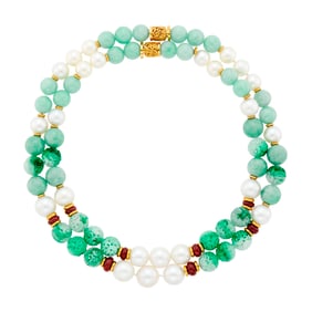 Seaman Schepps Pair of Gold, Carved Jade, Jade and Ruby Bead and South Sea Cultured Pearl Necklaces