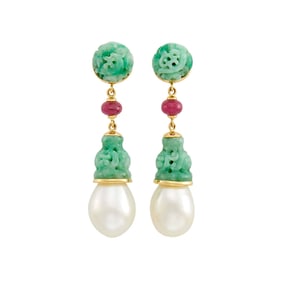 Seaman Schepps Pair of Gold, Carved Jade, Ruby Bead and South Sea Cultured Pearl Pendant-Earrings