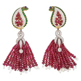 Fred Leighton Pair of Gold, Platinum, Ruby Bead, Gem-Set, Diamond and Diamond Briolette Tassel