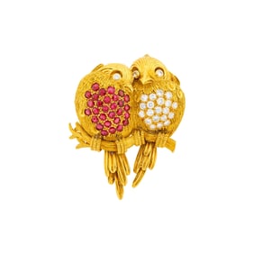 Tiffany & Co. Gold, Ruby and Diamond Love Birds Clip-Brooch, France