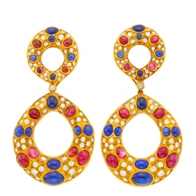 Bulgari Pair of Gold, Cabochon Ruby, Sapphire and Diamond Pendant-Earclips/Clip-Brooches Combination