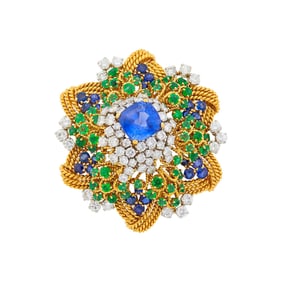 David Webb Gold, Platinum, Sapphire, Emerald and Diamond Pendant Clip-Brooch