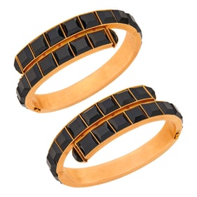 Pair of Antique Rose Gold and Black Onyx Crossover Bangle Bracelets