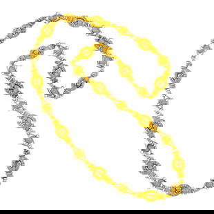 Antique Long Repoussé Gold Link Necklace: Circa 1835, ap. 20.6 dwts. Length 33 1/2 inches. Tests as 14 to 15 kt. Bright yellow gold patina. Width of links 5/8 and 9/16 inch.