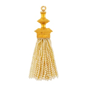 Etruscan Revival Gold and Seed Pearl Fringe Pendant