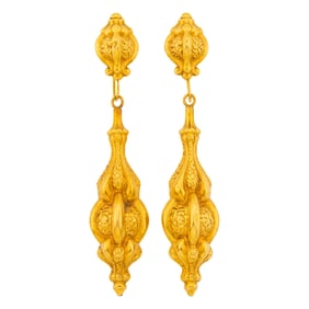 Pair of Antique Repoussé Gold Pendant-Earrings, France