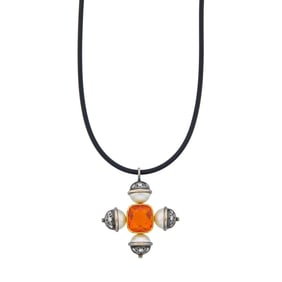 JAR Two-Color Gold, Iron, Fire Opal, Cultured Pearl and Diamond Pendant with Cord Necklace