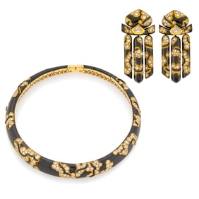 Marina B Gold, Black Lacquer, Enamel and Diamond 'Onda' Choker Necklace and Pair of