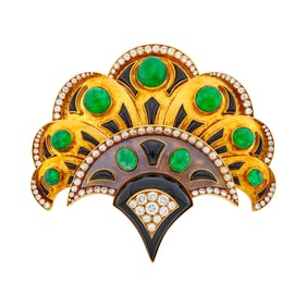 Bulgari Gold, Cabochon Emerald, Diamond, Black Onyx and Chalcedony Clip-Brooch
