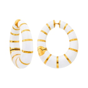 Bulgari Pair of Gold and White Enamel Hoop Earrings