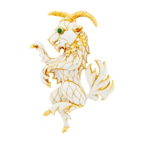 Gold, White Enamel, Diamond and Cabochon Emerald Mythological Animal Clip-Brooch