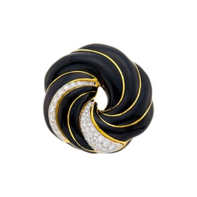 David Webb Gold, Platinum, Black Enamel and Diamond Clip-Brooch