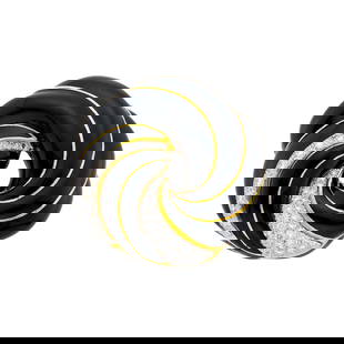 David Webb Gold, Platinum, Black Enamel and Diamond Clip-Brooch: 18 kt., 36 round diamonds ap. 1.70 cts., signed Webb, ap. 24.7 dwts.  Diamonds: H-I-VS. 1 5/8 x 1 3/4 inches.