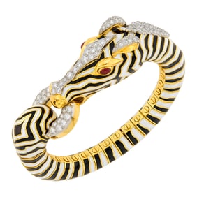 David Webb Gold, Platinum, Black and White Enamel, Diamond and Cabochon Ruby Zebra Bracelet