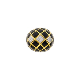 David Webb Gold, Platinum, Black Enamel and Diamond Dome Ring