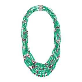 Long Seven Strand Emerald, Garnet and Black Onyx Bead, Platinum, Diamond, Pearl and Black Onyx