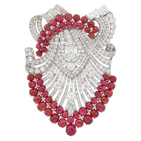 Platinum, Diamond and Cabochon Ruby Clip-Brooch