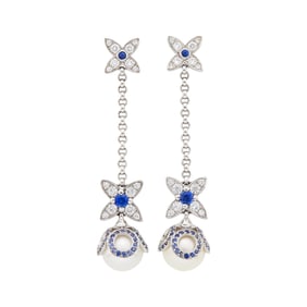 Louis Vuitton Pair of White Gold, Diamond, Sapphire and Cultured Pearl Pendant-Earrings, France