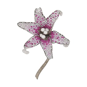 De Grisogono White and Blackened Gold, Diamond, Colored Diamond and Pink Sapphire Orchid Clip-Brooch
