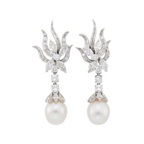 Pair of Platinum, Diamond and Cultured Pearl Pendant-Earrings