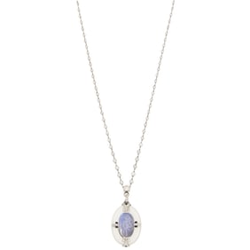 Platinum, Frosted Rock Crystal, Moonstone Intaglio, Black Onyx and Diamond Pendant with Long