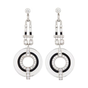 Pair of White Gold, Rock Crystal, Diamond and Black Enamel Pendant-Earrings