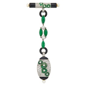Art Deco Platinum, Jade, Diamond, Black Enamel and Pearl Lapel-Watch, France