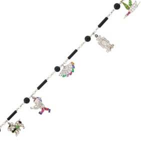 Platinum, Gold, Black Onyx Bead, Pearl, Diamond, Gem-Set and Enamel Charm Bracelet