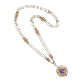 Edwardian Platinum, Seed Pearl, Enamel, Sapphire and Diamond Pendant-Watch Necklace