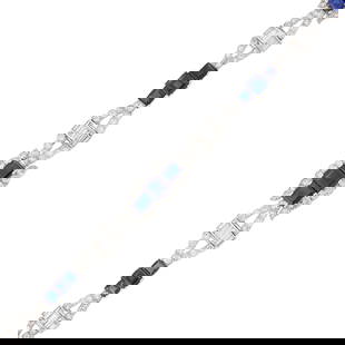 S. J. Rood Platinum, Sapphire and Diamond Bracelet: 12 square and rectangular-cut sapphires ap. 9.75 cts., transitional and single-cut and baguette diamonds ap. 5.75 cts., signed SJ Rood,  ap. 14.6 dwts. Length 6 1/4 inches.  Sapphires: deep bl