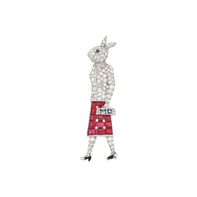Raymond C. Yard Platinum, Diamond, Ruby, Sapphire and Black Enamel Lady Rabbit M.D. Brooch