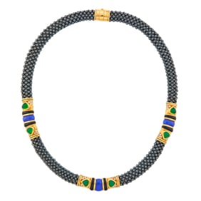 Marina B Hematite Bead Mesh, Gold, Black, Green and Blue Onyx and Diamond Necklace, France