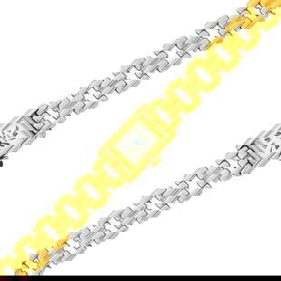 Cartier Paris Gold 'Tank' Wristwatch: 18 kt., quartz, rectangular off-white dial, black Roman numerals, round cabochon sapphire crown, case dia. ap. 24 x 17 mm., buckle link bracelet, fold-over clasp, signed Cartier, case nos. 828003, 073