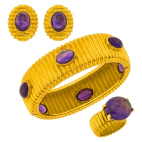Tambetti Ribbed Gold and Cabochon Amethyst Bangle Bracelet, Pair of Earclips and Ring