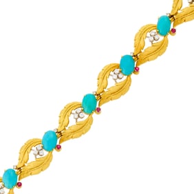 Gold, Turquoise, Diamond and Ruby Bracelet