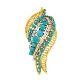Gold, Turquoise and Diamond Clip-Brooch